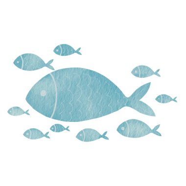 Deniz yaşamı ve deniz ürünleri konsepti üzerine süsleme için balık suluboya illüstrasyon okulu.