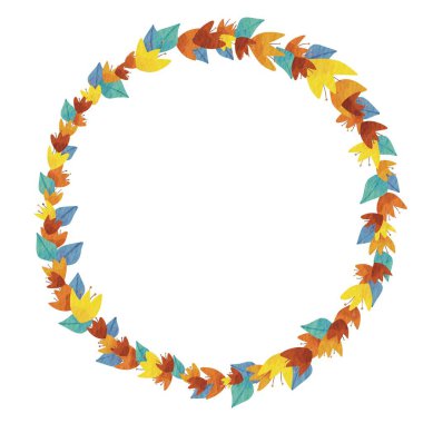 Doğa ve Sonbahar mevsimsel dekorasyonu için soyut sonbahar çelengi suluboya çizimi.