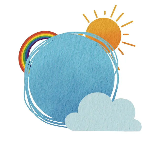 Lucht Ronde Banner Met Zon Wolk Regenboog Aquarel Illustratie Voor — Stockfoto
