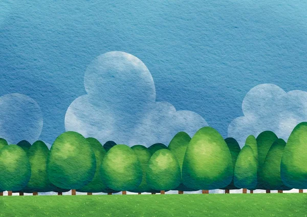 Zöld Fák Mező Kék Díszítésére Természet Táj Jelenet — Stock Fotó