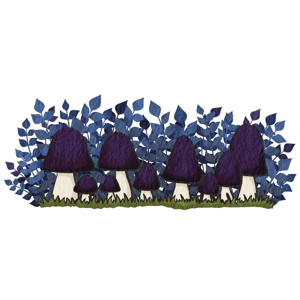 Фіолетовий Отруйний Гриб Зеленій Траві Кущем Дерев Яної Рамки Ілюстрація — стокове фото