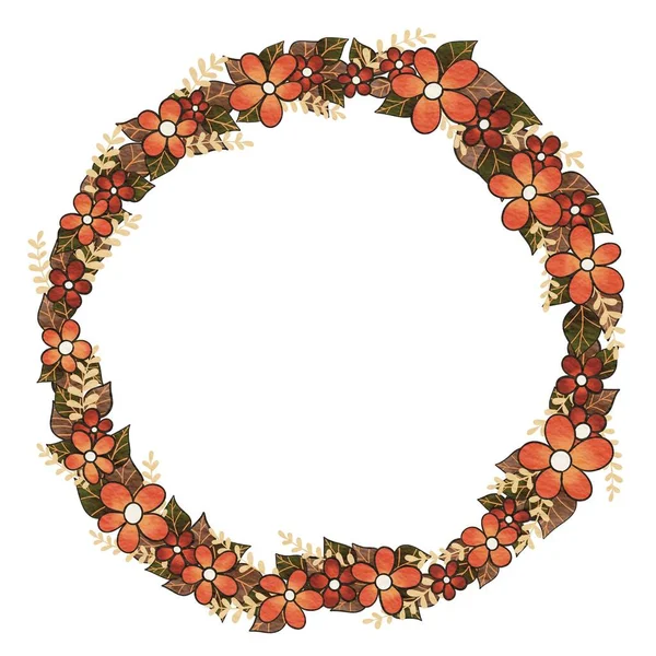 Red Flower Fern Autumn Leaves Wreath Illustration Romance Autumn Seasonal — Stock Photo, Image