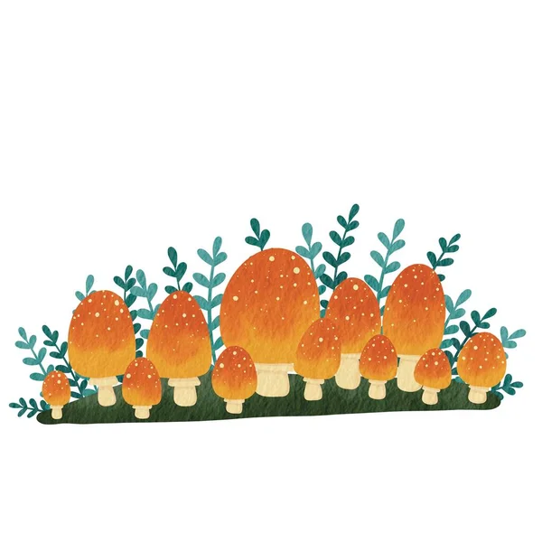 Żółty Mashroom Zielonej Trawie Paprocią Akwarela Ilustracja Dekoracji Jesiennym Ogrodzie — Zdjęcie stockowe