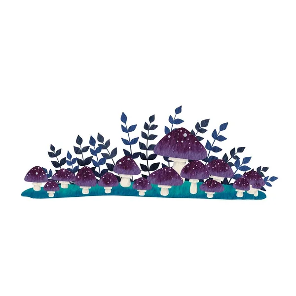 Mashroom Violet Sur Herbe Verte Avec Illustration Aquarelle Fougère Pour — Photo