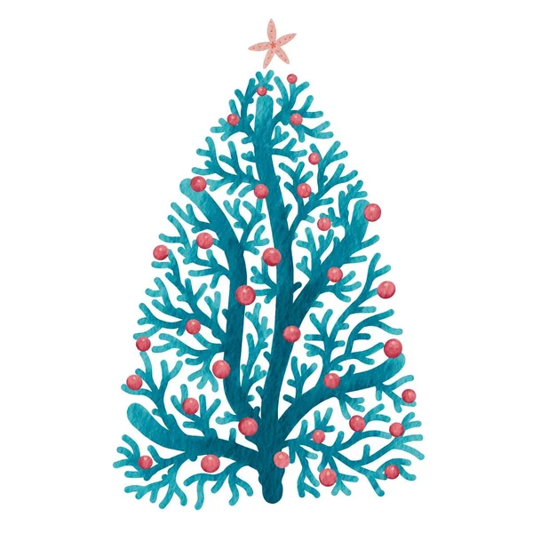 Korallenriff Weihnachtsbaum Weihnachtskugeln Und Seestern Aquarell Illustration Zur Dekoration Den — Stockfoto