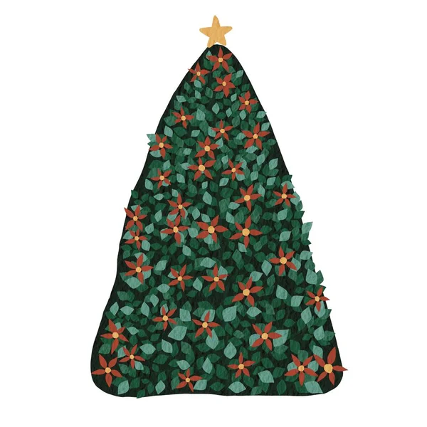 Rode Bloem Kerstboom Met Ster Aquarel Illustratie Voor Decoratie Kerstvakantie — Stockfoto