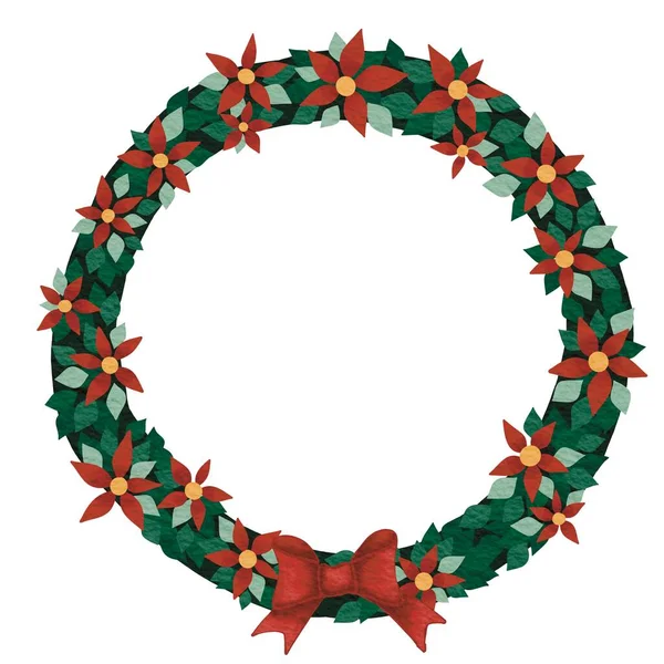 クリスマスのイベントのためのクリスマスの花 葉や赤い弓花輪水彩イラスト — ストック写真