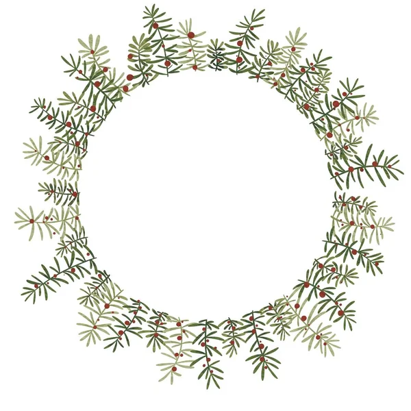 クリスマスのイベントや冬の季節の装飾のための赤いベリーリースのイラストと松の葉 — ストック写真