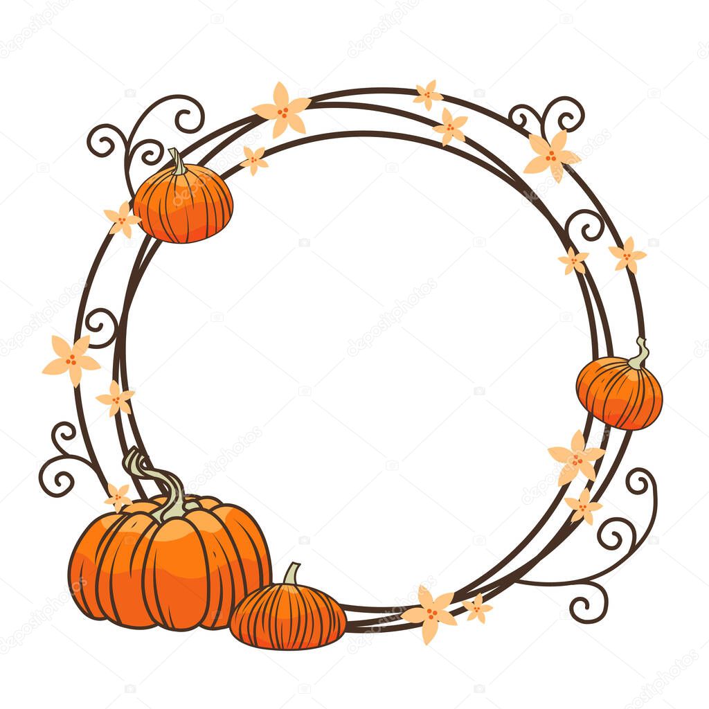 Pumpkin with ivy flower wreath flat design illustration for decoration on nature food, agriculture, Halloween feetival and Autumn seasonal.