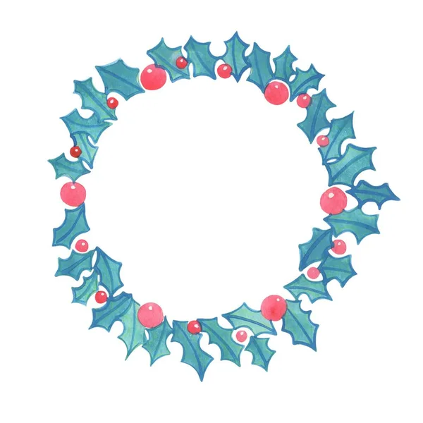 Holly Bladeren Met Bessen Krans Aquarel Illustratie Voor Decoratie Kerst — Stockfoto