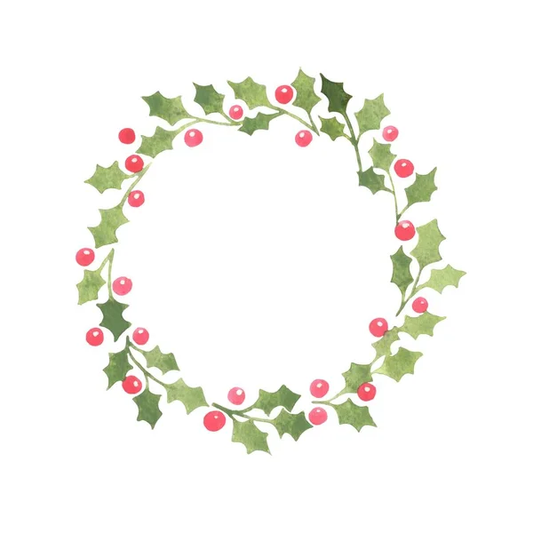 圣诞假期装饰绿冬青叶 红莓花环水彩画 — 图库照片