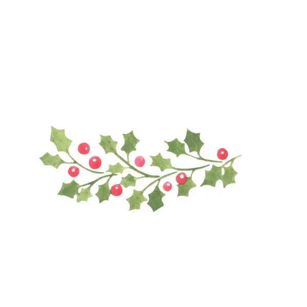 圣诞假期装饰用的绿色冬青叶 红色浆果边沿水彩画 — 图库照片