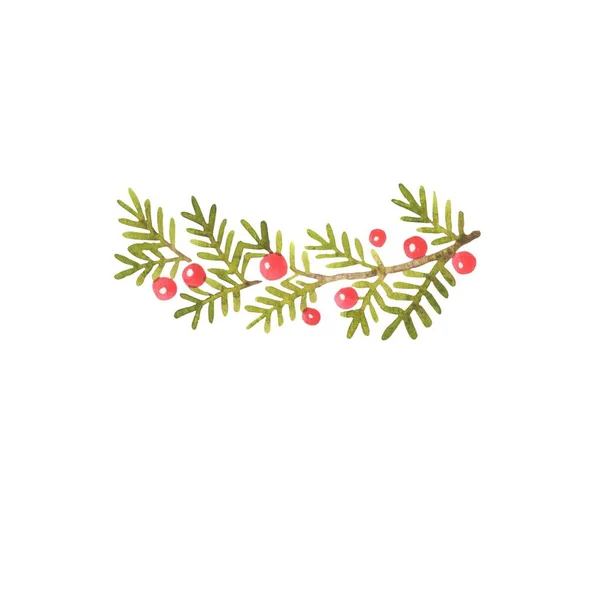 クリスマスイベントの装飾のための赤いベリーボーダー水彩イラストと松の葉の束 — ストック写真