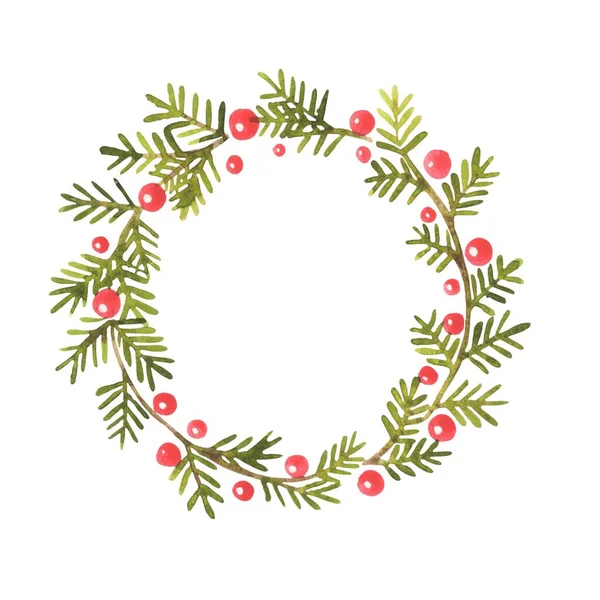 クリスマスイベントの装飾のための赤いベリーリース水彩イラストと松の葉の束 — ストック写真