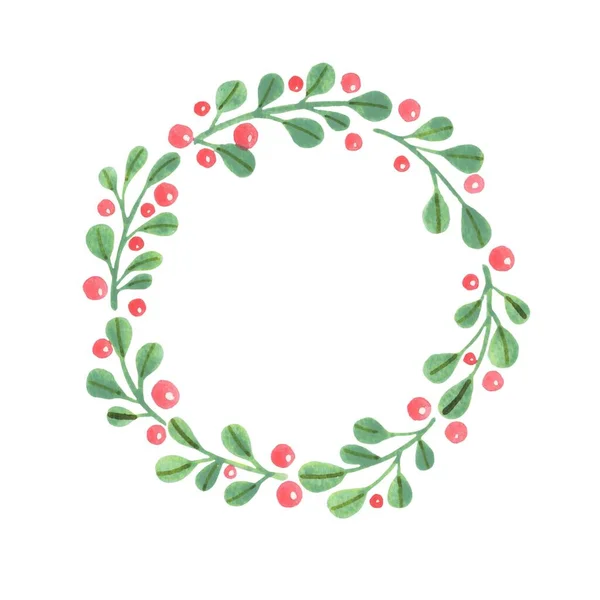 Zielone Liście Czerwoną Jagodą Wieniec Akwarela Dekoracji Boże Narodzenie Imprezy — Zdjęcie stockowe