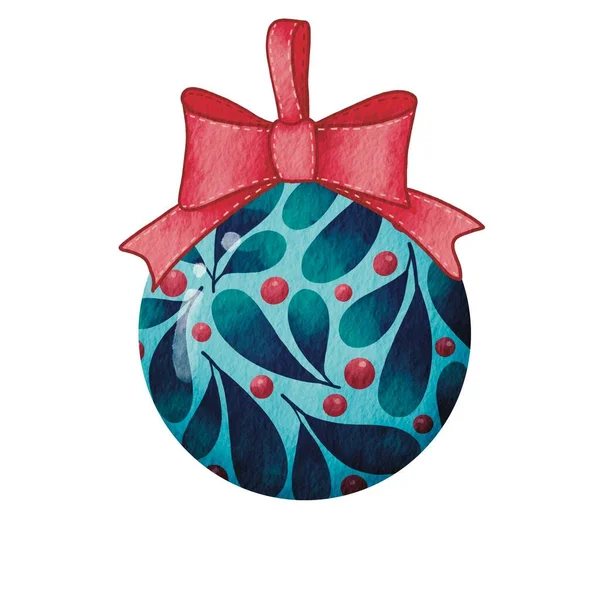 Bola Natal Com Arco Vermelho Natal Decorativo Aquarela Ilustração Para — Fotografia de Stock
