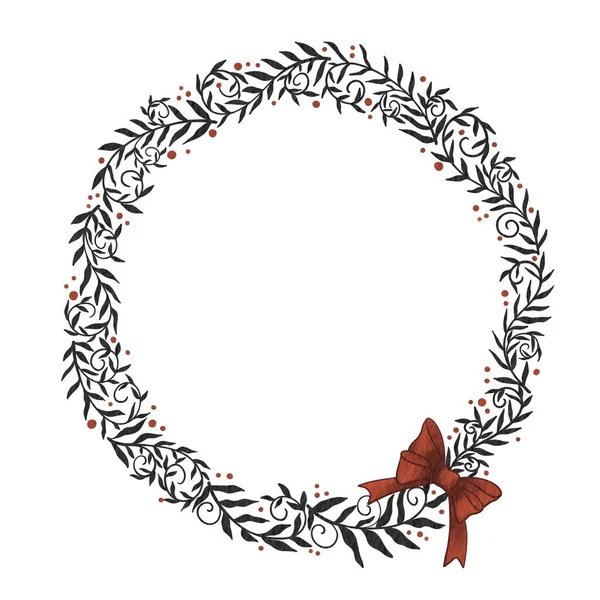 Фантазия Черный Плющ Папоротник Листья Красная Ягода Красный Бант Венок — стоковое фото