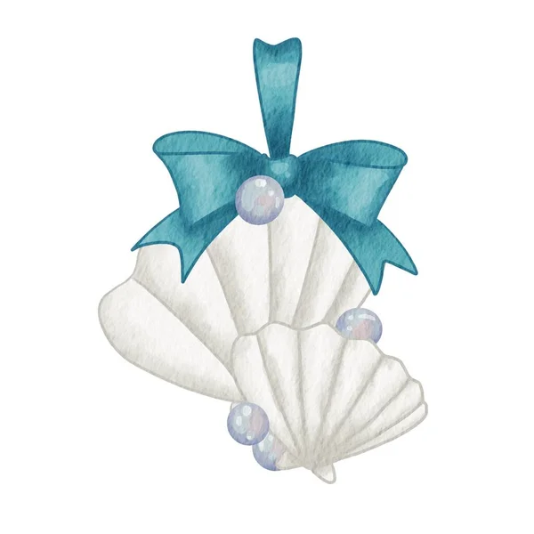 海の貝 真珠および海岸生活様式および熱帯夏のクリスマスの休日の装飾のための弓の装飾 — ストック写真