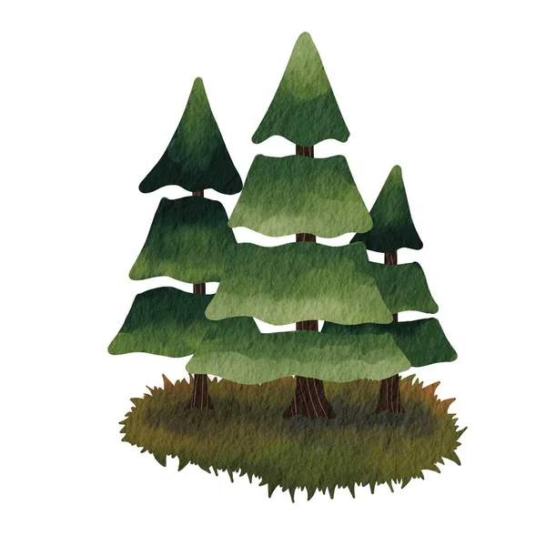 自然と屋外の風景の装飾のための草の畑の水彩画のイラストの抽象的な松の木 — ストック写真