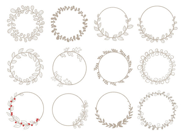 Abstract leaves wreath flat design illustration set for decoration on Christmas holiday, romance, and classic garden concept.