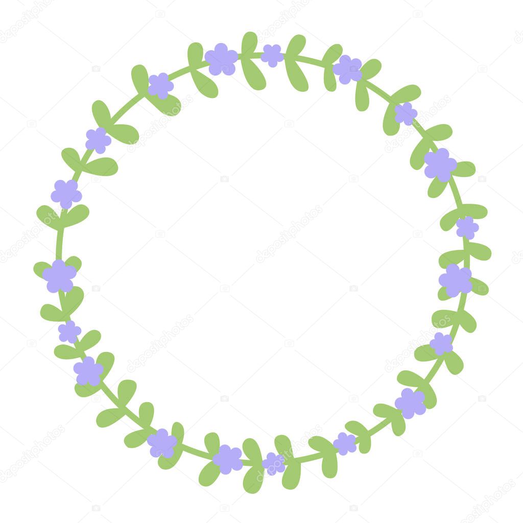 Flat design violet flower and leaves wreath frame illustration for decoration on nature, garden, wild and organic life style.