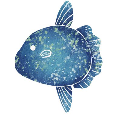 Deniz yaşamı, deniz ürünleri, deniz ürünleri ve kıyı yaşamı konsepti üzerine süsleme için soyut Mola mola balığı suluboya çizimi.