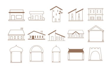 Yapı ve mimari için soyut dükkan, bina ve kule ikonu çizimi.