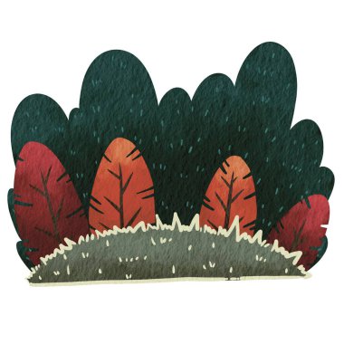 Sonbahar kırmızı ağacı ve ağaç çalısı ile soyut çim tepe doğa ve orman üzerine dekorasyon için suluboya resimleme.