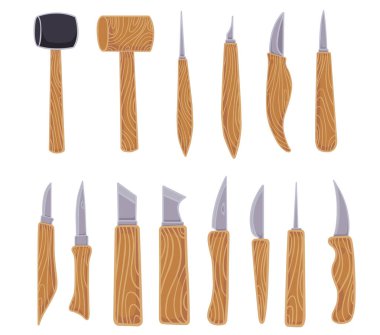 bıçak, çekiç ve iğne ahşap oyma aracı vektör illüstrasyon sanat ve zanaat kavramı üzerine dekorasyon.