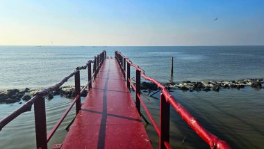 Kıyı yaşam tarzı ve deniz konsepti üzerine dekorasyon için deniz manzarasının yanındaki kırmızı huş iskelesi..