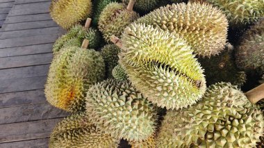 Ahşap zemin üzerinde meyve kralı Durian pazarında satılık..