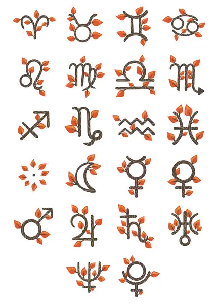 Turuncu renk sonbahar yapraklı astrolojik semboller zodyak ve galaksi konsepti üzerine dekorasyon için tasarlandı.