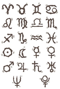Astrolojik semboller, zodyak ve burç konseptine göre taş devri tarzı dekorasyon..