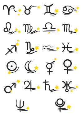 Astrolojik semboller, burç ve burç kavramının işaretinde yıldız ile el çizimi çizgisi oluşturur..