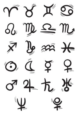 Astrolojik semboller, zodyak ve burç konseptine göre dekorasyon için el çizgisi çiziyor..