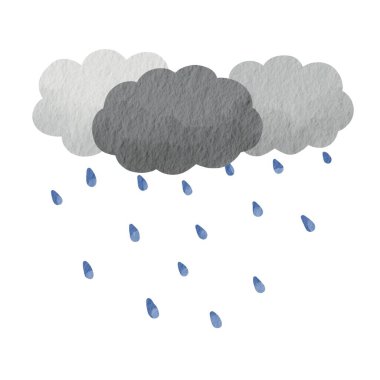 Yağmur bulutu ve yağan suluboya kağıt arkaplan üzerine taze gün ve doğa konsepti dekorasyonu için resimleme.