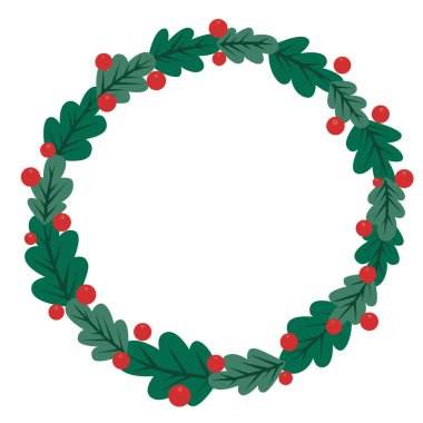 Noel tatili ve yeni yıl festivalinde süsleme için yapraklar ve böğürtlen Noel çelengi çerçevesi çizimi.