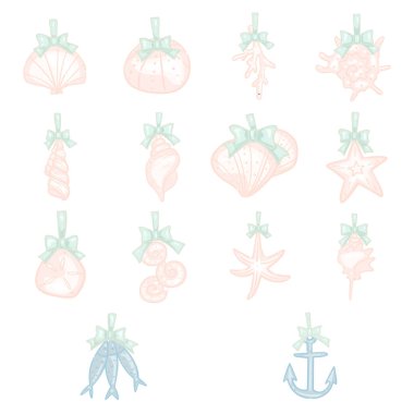 Seashells, starfish, coral, fish and anchor with bow Christmas ornament for decoration on summer Christmas, Christmas on the beach and coastal decoration style. clipart