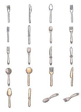 Kaşık, bıçak, çatal ve tereyağı bıçak çizimi sofra takımı konsepti üzerine dekorasyon için.