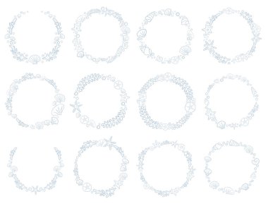 Deniz kabuğu, yıldız balığı, mercan ve deniz yosunu karalama çelengi çizimi deniz yaşamı, deniz ve yaz plajı konsepti.