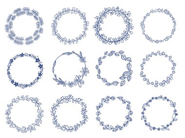Klasik tarz doğa ve düğün etkinliği üzerine süsleme için lacivert renk çelenk ile soyut karalama yaprakları ve çiçek.