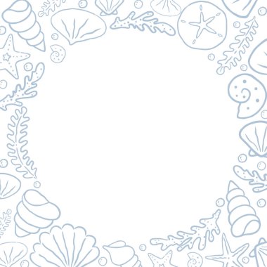 Deniz kabuğu, yıldız balığı, mercan ve yosun karalama iskeleti, deniz yaşamı, deniz ve yaz plajı konsepti üzerine dekorasyon.