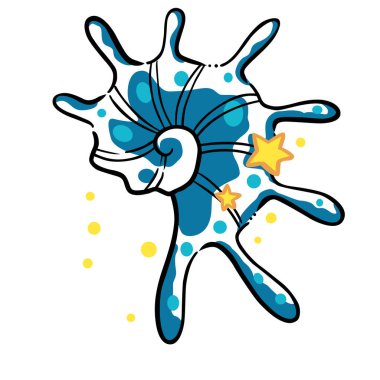 Yaz tatili, deniz yaşamı, denizcilik ve okyanus konsepti için deniz kabuğu ve yıldız karalama çizimi.