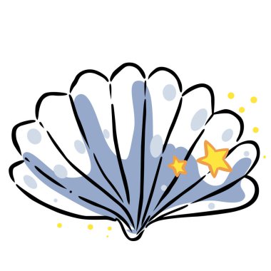 Yaz tatili, deniz yaşamı, denizcilik ve okyanus konsepti için deniz kabuğu ve yıldız karalama çizimi.