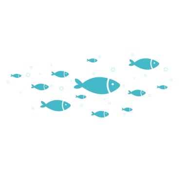 Soyut balık sürüsü, deniz ürünleri ve deniz yaşamı dekorasyonu için baloncuk ari düz tasarımı ile yüzüyor..