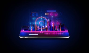 Akıllı şehirli dijital akıllı telefon akıllı servisler ve simgeler, şeylerin interneti, ağlar ve artırılmış gerçeklik konsepti, gece sahnesi .