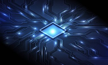 Soyut teknoloji çip işlemci arka plan devre kartı ve html kodu, 3D illüstrasyon mavi teknoloji arkaplan vektörü.