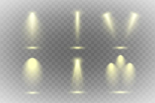 Saydam arkaplanda izole edilmiş Spotlight seti. Altın ışınlar ve kirişlerle parlayan ışık efekti