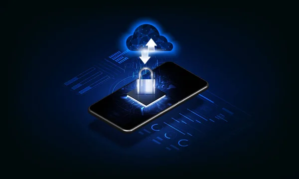Cloud Computing Concept Data Beveiligde Uitwisseling Smartphone Ander Mobiel Apparaat — Stockvector