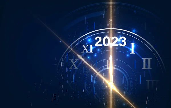 2023Feliz Ano Novo Banner Com Relógio Redondo Ilustração Vetorial — Vetor de Stock